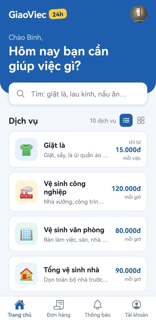 Màn hình trang chủ app GiaoViệc 24h: danh sách dịch vụ và giá